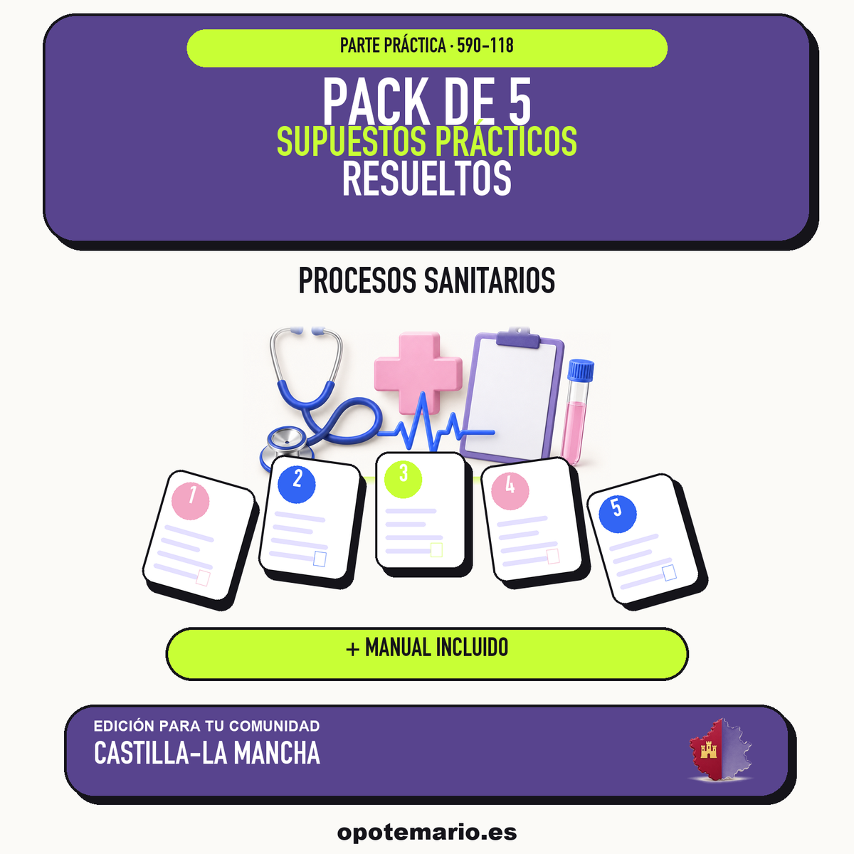 Pack de 5 supuestos prácticos resueltos de Procesos Sanitarios en Castilla-La Mancha. Incluye manual específico. PDF de Opotemario.