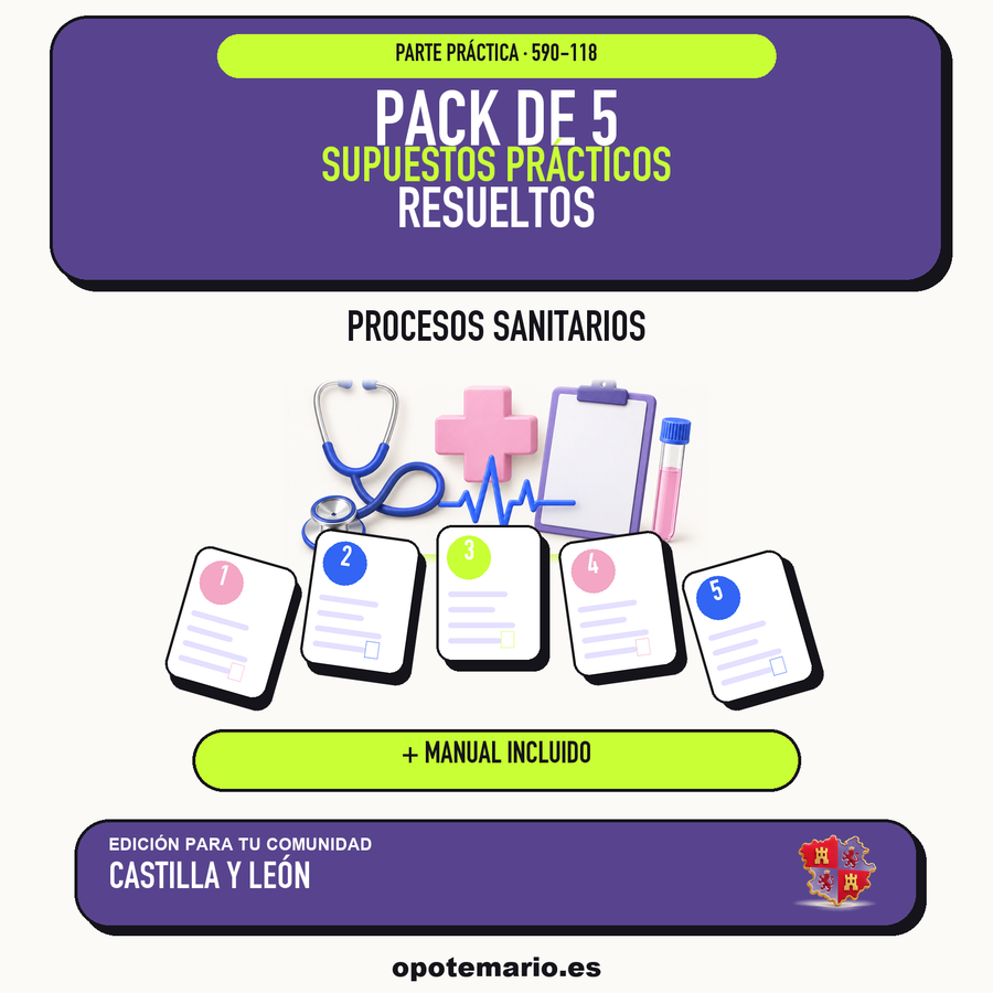 Pack de 5 supuestos prácticos resueltos de Procesos Sanitarios en Castilla y León. Incluye manual específico. PDF de Opotemario.