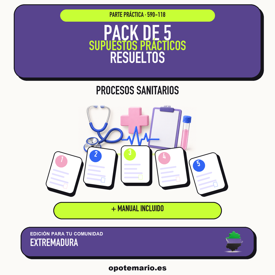 Pack de 5 supuestos prácticos resueltos de Procesos Sanitarios en Extremadura. Incluye manual específico. PDF de Opotemario.