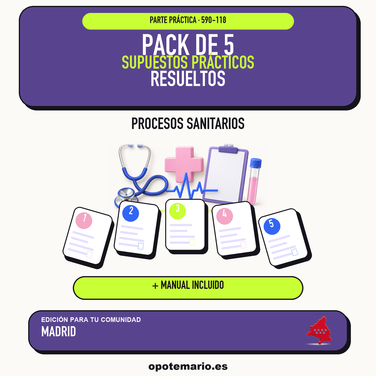 Pack de 5 supuestos prácticos resueltos de Procesos Sanitarios en Madrid. Incluye manual específico. PDF de Opotemario.