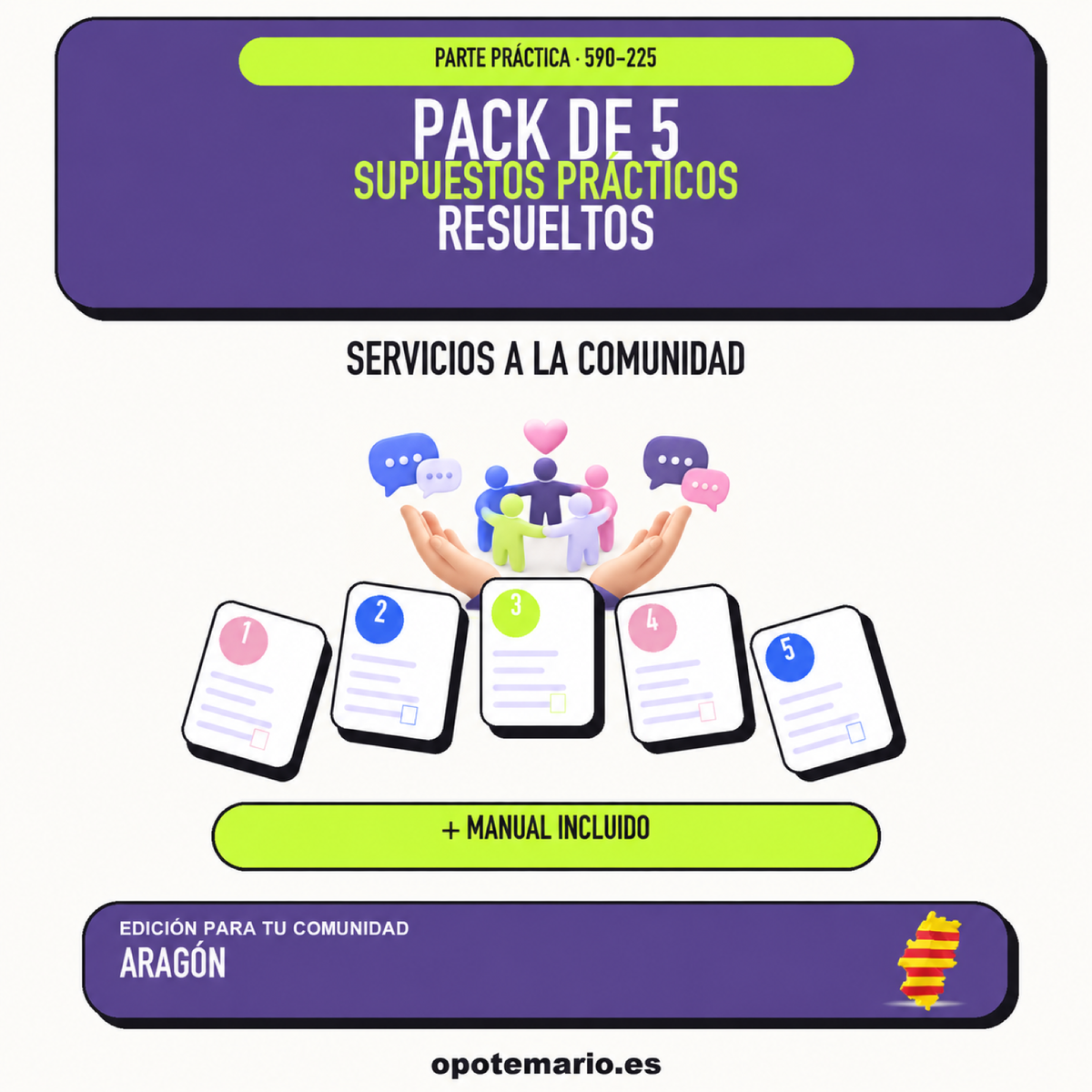 Pack de 5 supuestos prácticos resueltos de Servicios a la Comunidad en Aragón. Incluye manual específico.
