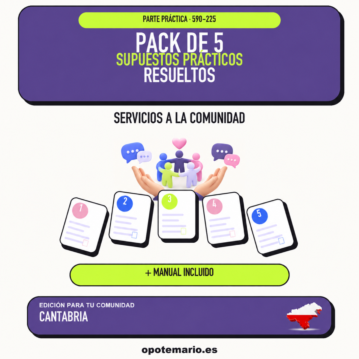Pack de 5 supuestos prácticos resueltos de Servicios a la Comunidad en Cantabria. Incluye manual específico.