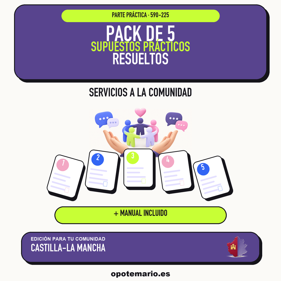 Pack de 5 supuestos prácticos resueltos de Servicios a la Comunidad en Castilla-La Mancha. Incluye manual específico. PDF de Opotemario.