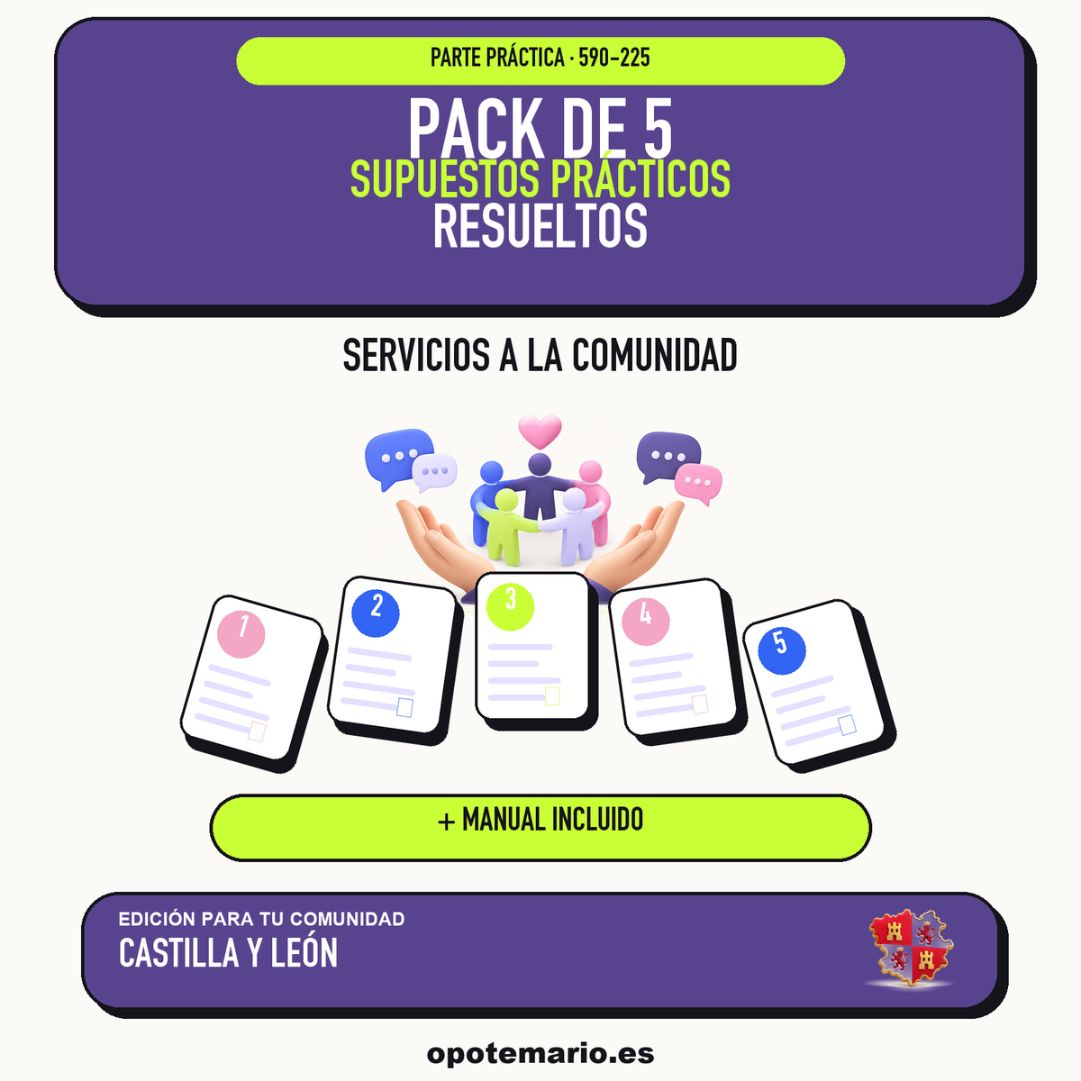 Pack de 5 supuestos prácticos resueltos de Servicios a la Comunidad en Castilla y León. Incluye manual específico. PDF de Opotemario.
