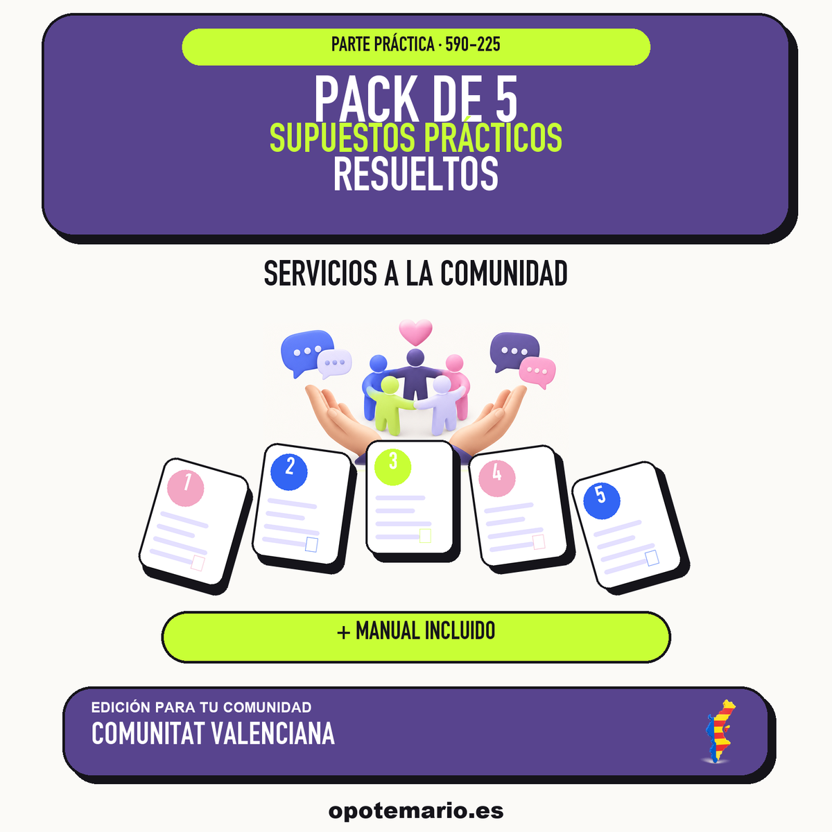 Pack de 5 supuestos prácticos resueltos de Servicios a la Comunidad en Comunitat Valenciana. Incluye manual específico. PDF de Opotemario.