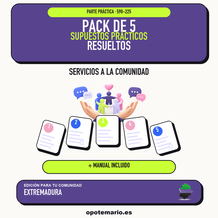 Pack de 5 supuestos prácticos resueltos de Servicios a la Comunidad en Extremadura. Incluye manual específico. PDF de Opotemario.