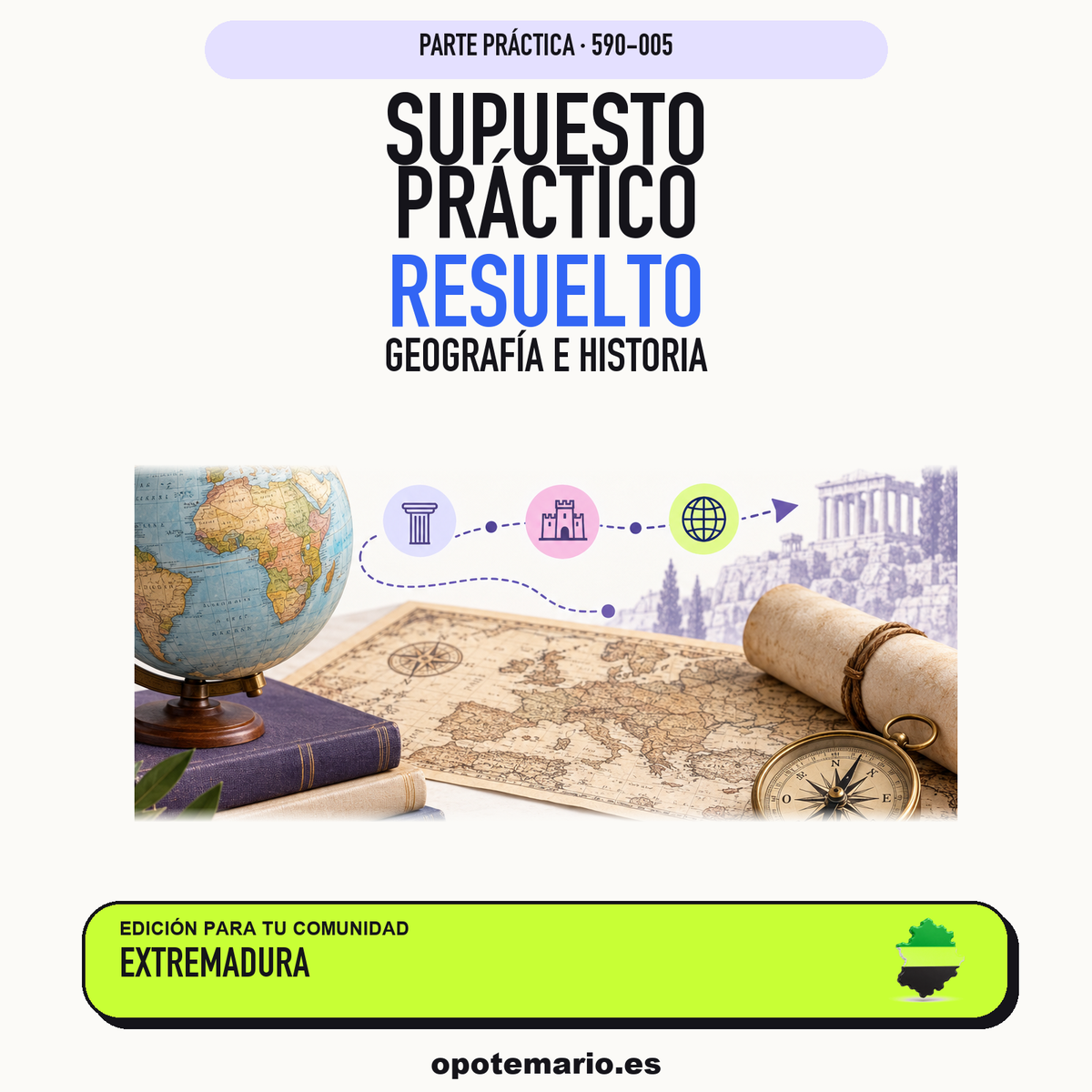 Supuestos prácticos resueltos de Geografía e Historia en Extremadura. PDF de Opotemario.