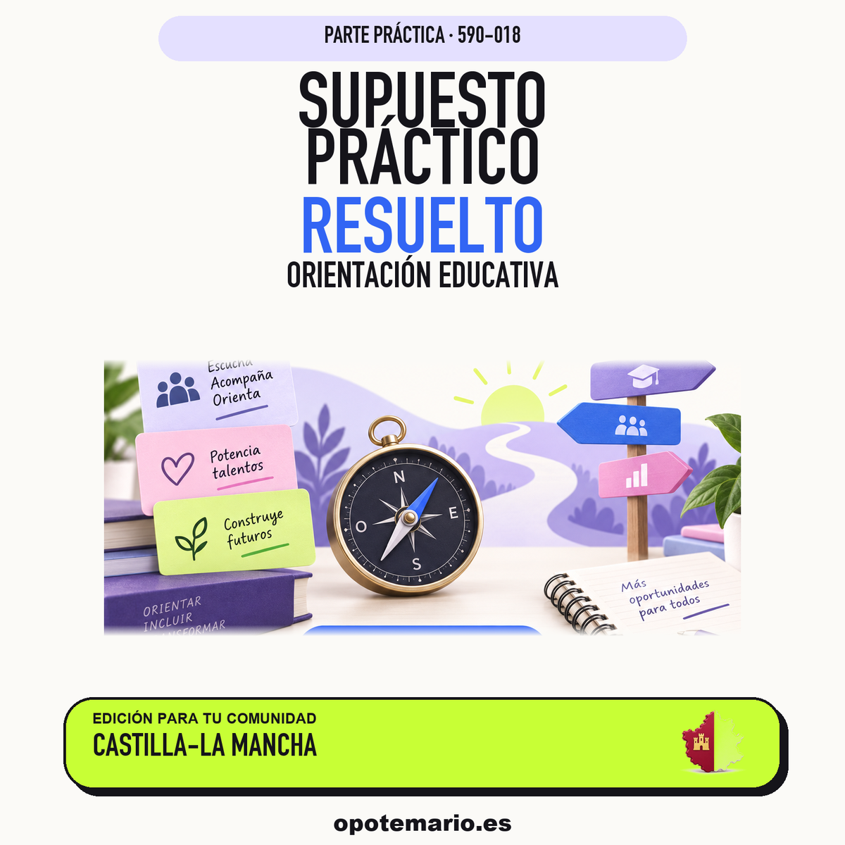 Supuestos prácticos resueltos de Orientación Educativa en Castilla-La Mancha. PDF de Opotemario.