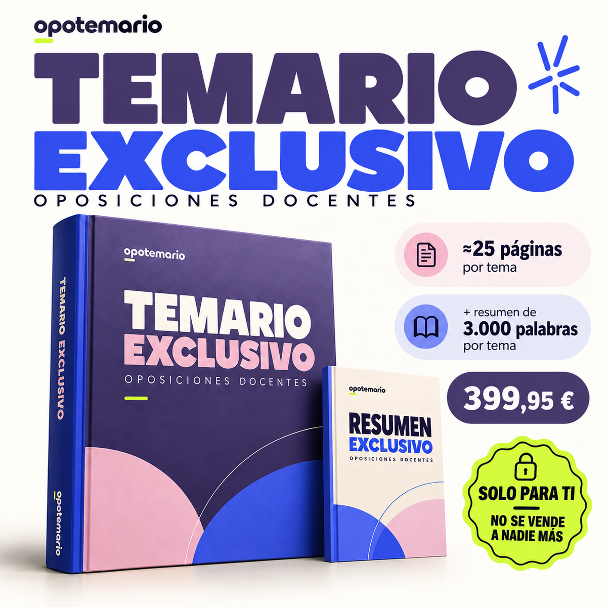 Temario exclusivo para oposiciones docentes. Solo para ti: no se vende a nadie más. Aproximadamente 25 páginas por tema y resumen de 3.000 palabras por tema.